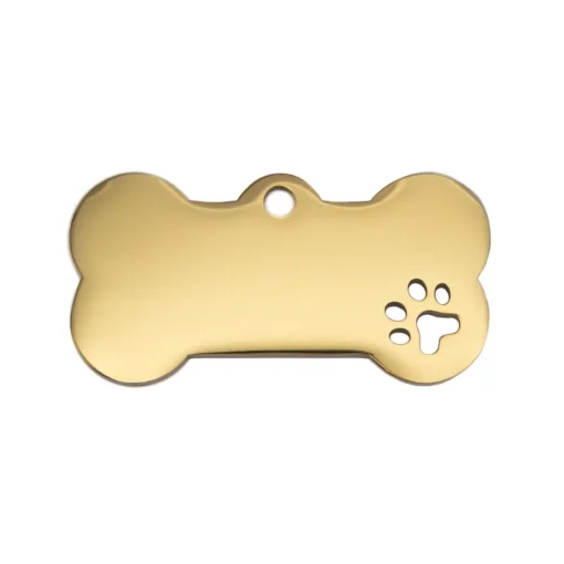 Halsband för hund och husdjur i guld rostfritt stål med gravyr och egen design och text fram