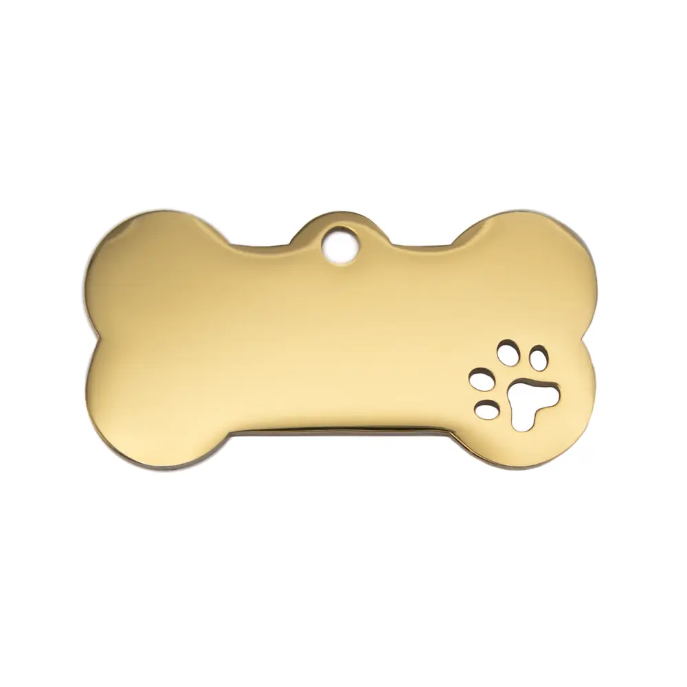 Halsband för hund och husdjur i guld rostfritt stål med gravyr och egen design och text fram